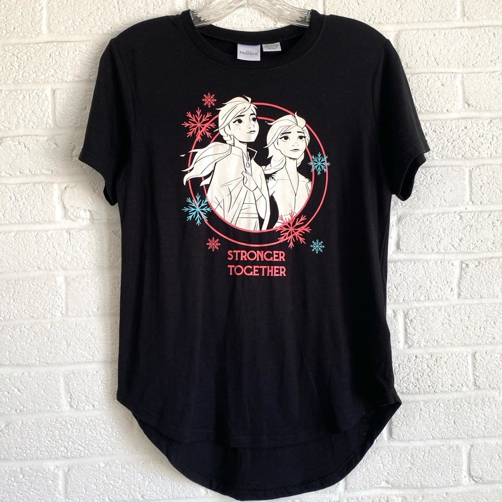 Disney Frozen Junior Stronger Together Elsa & Anna T-Shirt Tee Small Black